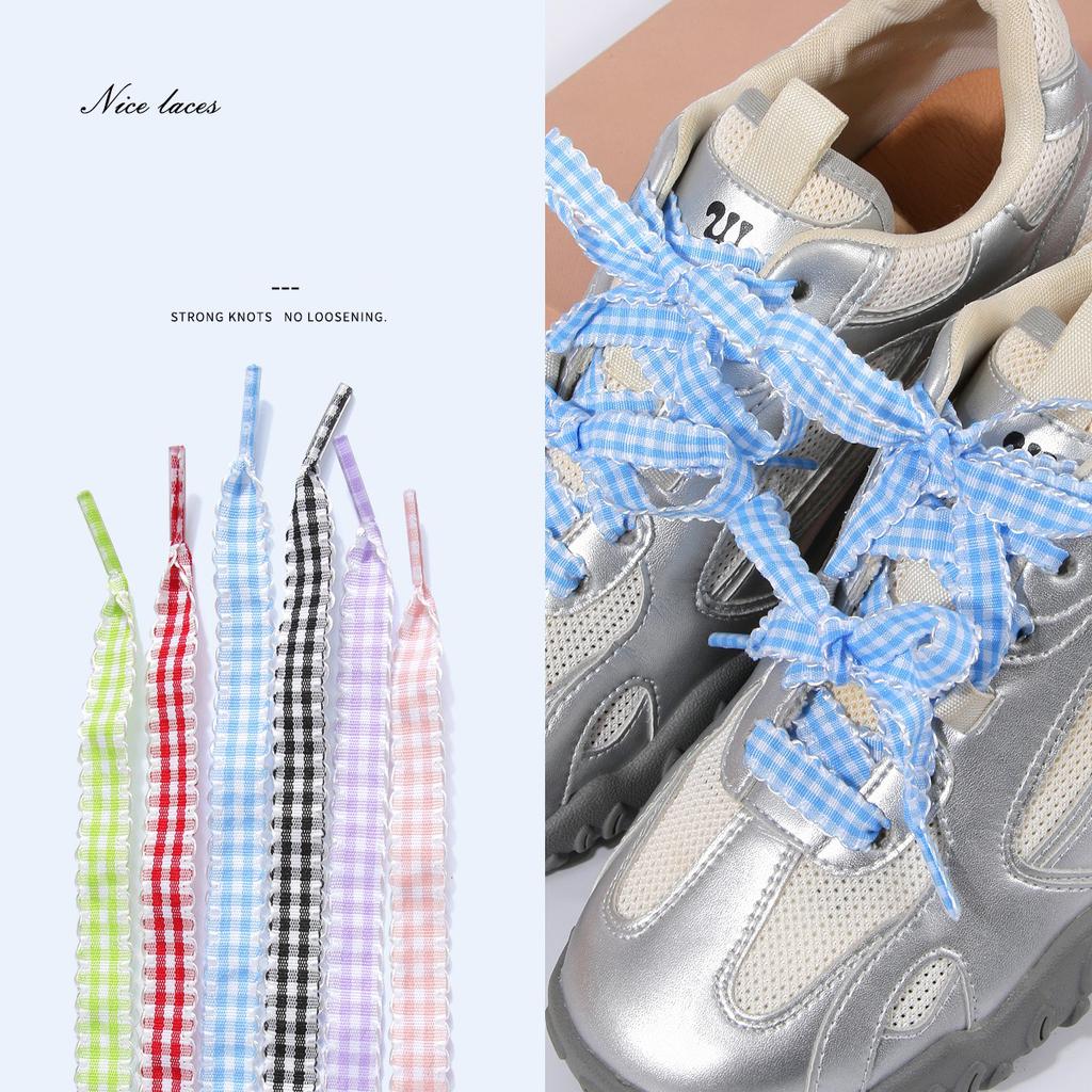 Scalloped Edge Gingham Shoelaces 1.2cm Width Ruffled Plaid Ribbon Laces Multicolor Anti-Slip Knot Decor Strings for Casual Shoes