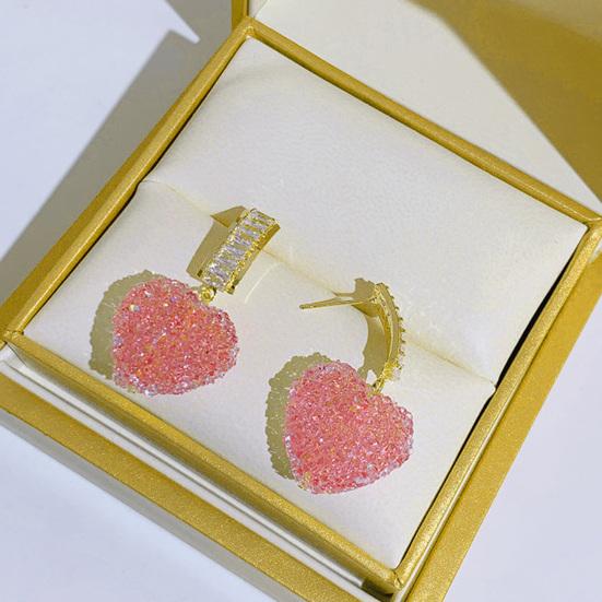 Yousheng 1 Pair Dangle Earrings Shiny Cubic Zirconia Sweet Geometric Anti-fade Decorative Birthday Gift Women Pink Fudge Love Pendant Stud Earrings