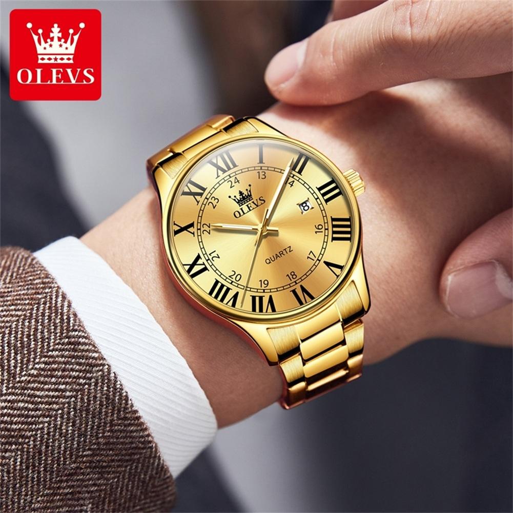 OLEVS Men's Watches Trend Fashion Gold Fine Steel Original Brand Quartz Wristwatch for Man Waterproof Luminous Date Roman Dial