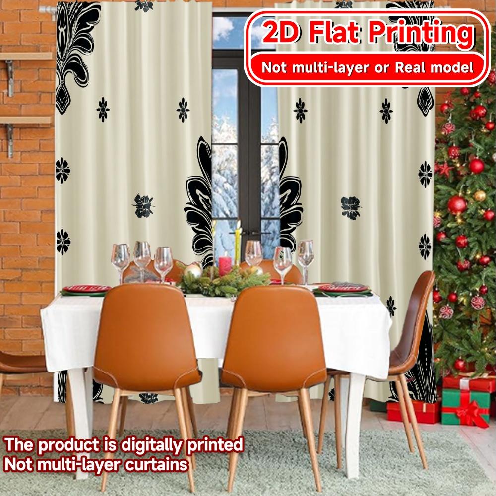Set Of 2 Elegant Flat Printing Curtains Without Rod Black Floral Design Modern Fashionable Curtainments During Women Is Day Curtain Made Polyester