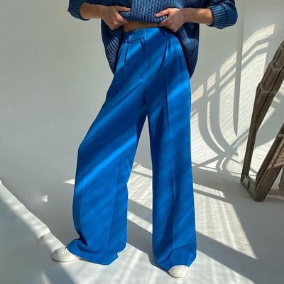 Pantaloni Blu da Ufficio da Donna Moda Larghi a Tutta Lunghezza Pantaloni da Donna Casual a Vita Alta Ampi da Donna
