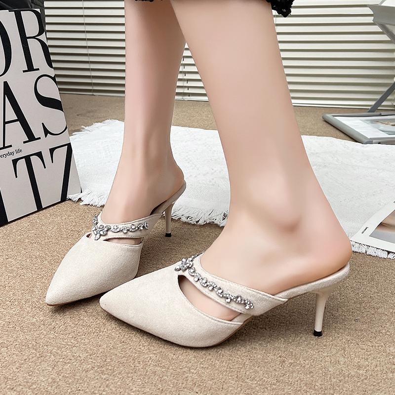 Fashion Stiletto Sandals Spring New Pointy Head Shallow Mouth Suede Rhinestones Running Out Set Feet Anti-slip Wear-resistant High Heels