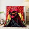 A stylized rooster with sunglasses, money, and bold sunburst background. for all seasons blanket lunch break throw gift