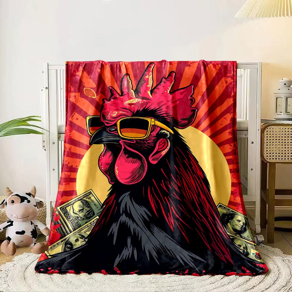 A stylized rooster with sunglasses, money, and bold sunburst background. for all seasons blanket lunch break throw gift