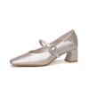 H759-6 silver Mary Jane high heels small fragrant satin word with square head thick heel women's shoes rhinestone spring and summer