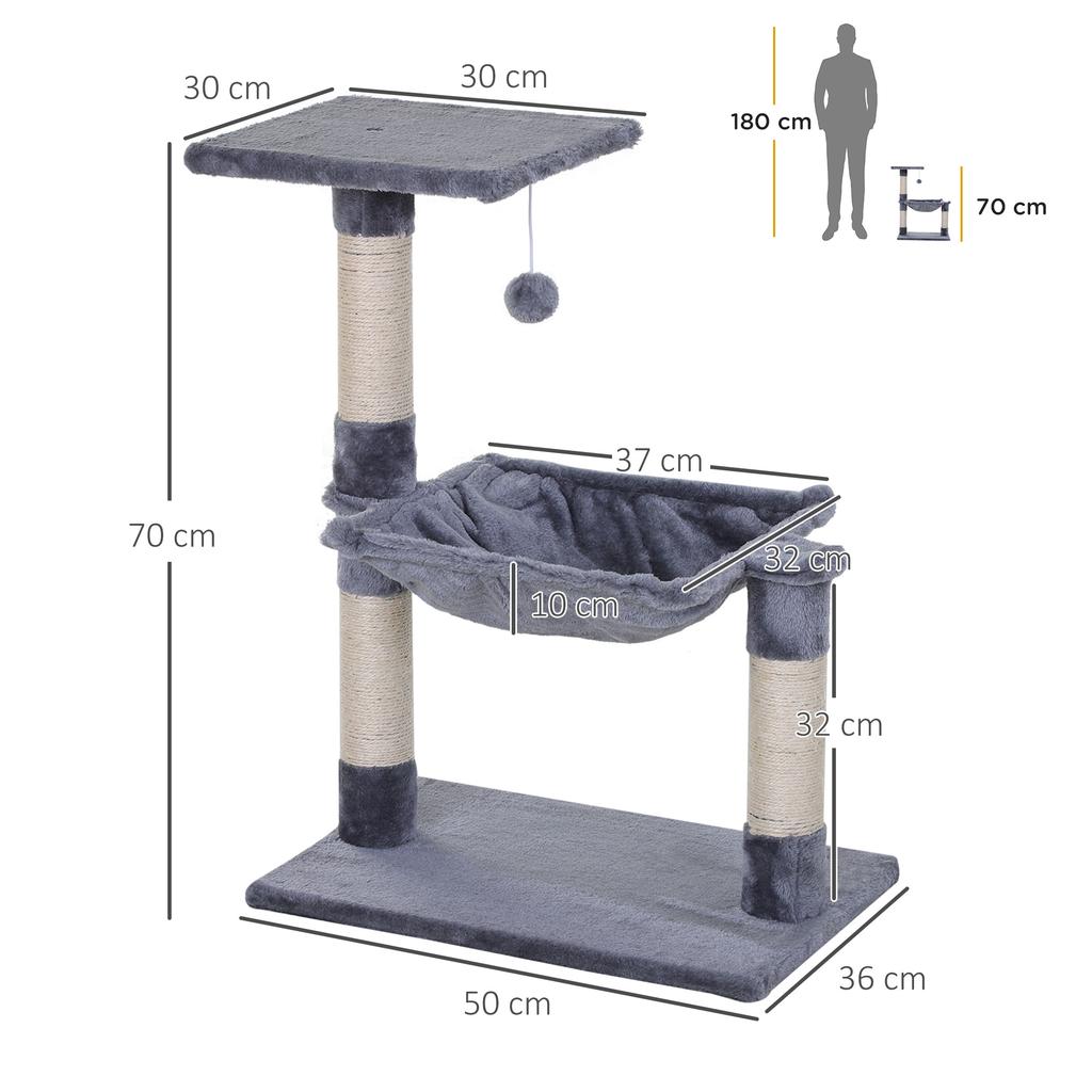 Cat Tree, 3 Sisal Posts, Platform, Hammock, 50 x 36 x 70 cm, Grey