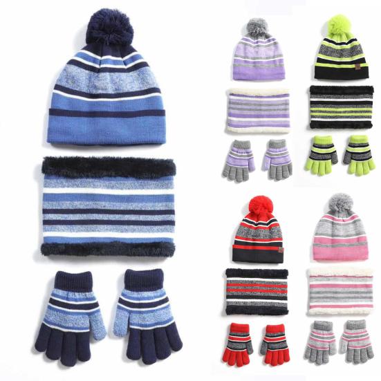 Kids Winter Woolen Yarn Knitted Pompom Hat Beanie Neck Scarf Gloves Warm Set