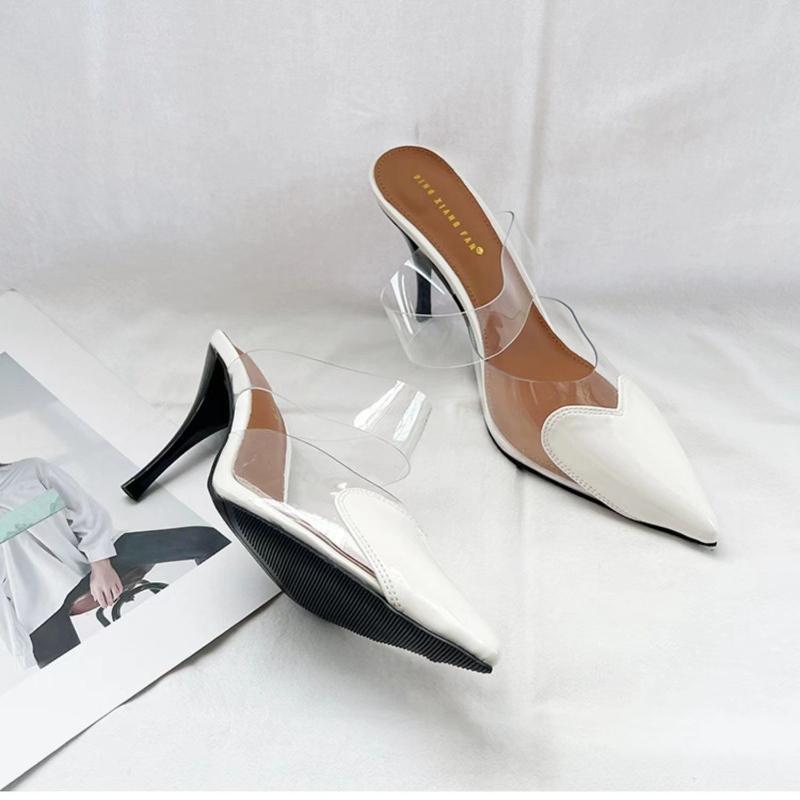 Fashion Pointed Toe Slippers,High Heeled Summer Shoes,Transparent PVC Slides,Outside Wearing,Slip On,Black,White,Red,