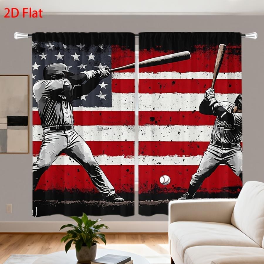 2PCS Digital Printed Curtains, American Baseball Pattern, Athletic Vintage Style for Living Room Bedroom Boys Room Decor