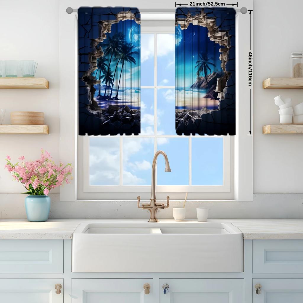 2pcs Moon Beach Printed Curtain for Home Decor - Rod Pocket Window Treatment for Bedroom, Office, Kitchen, Living Room,and Study