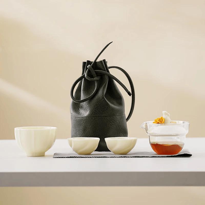 Handcrafted Ceramic Portable Tea Set with Jade Rabbit Design