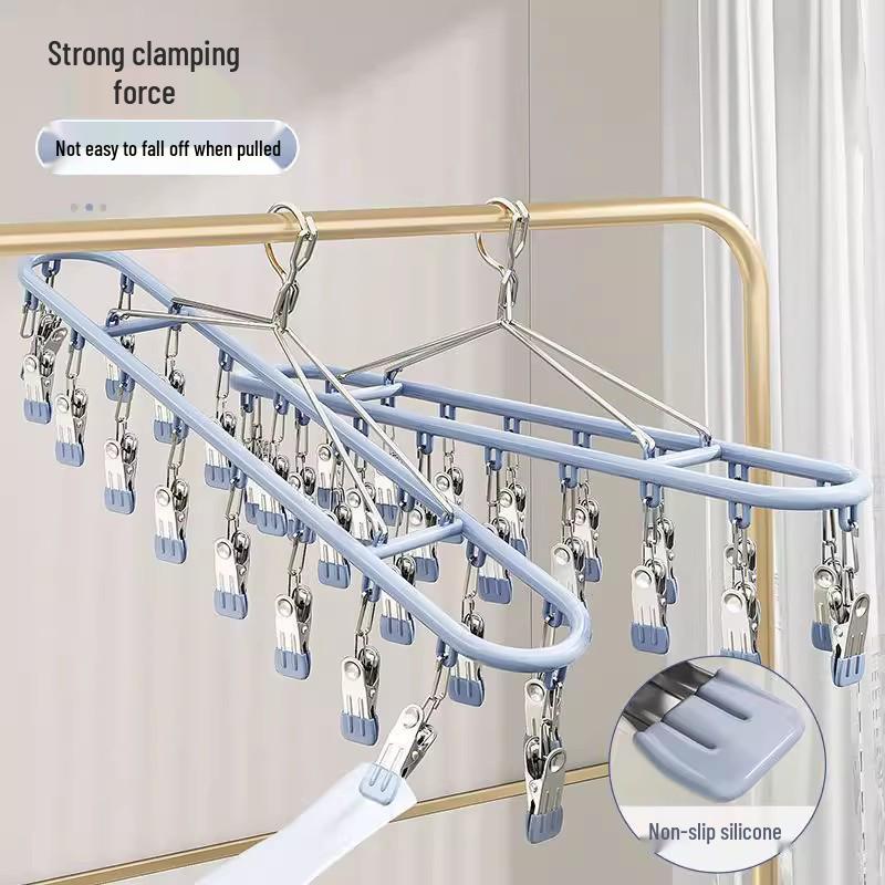 Multi-Functional Stainless Steel 18-Clip Sock Drying Rack with Windproof Hook for Balcony Use