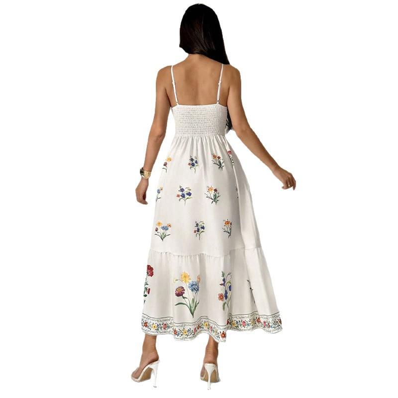 2026 spring and summer sweet romantic French fake style dress, suspender positioning printing waist backless European and American women's clothing