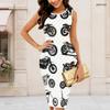 Women Plus Size Round Neck Sleeveless Cartoon Bulldozer Printed Bodycon Midi Dress