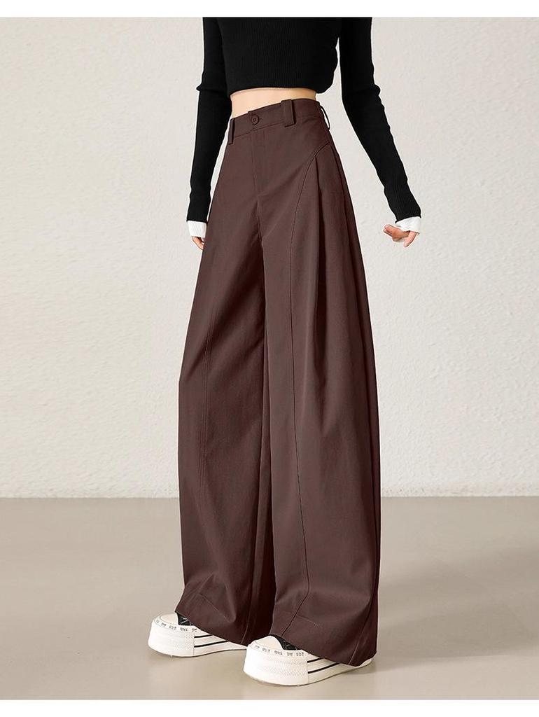 Women's High-Waisted Khaki Wide-Leg Pants with Side Pleats - Slimming, Trendy Fashion for Spring & Autumn 2025