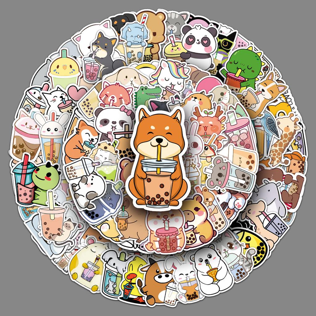 100 Pet Milk Tea Graffiti Stickers Cartoon Cute Animal Gum Creative Water Cup Mobile Suitcase Stickers
