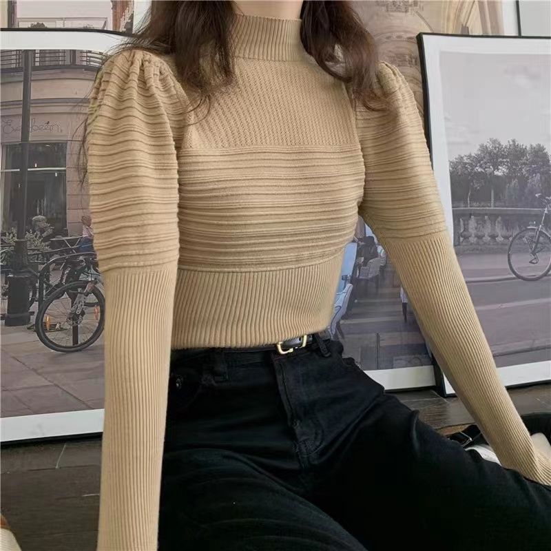 Top Half Turtleneck Skinny New Season Bubble Sleeve Women's Sweater Foreign Style