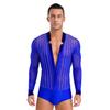 Men Latin Dance Leotard Mesh Long Sleeve Deep V Neck Velvet Shiny Rhinestones Bodysuit