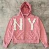 Mens Hooded Zip-Up Sweatshirt With Embroidered NY - Loose Fit Casual Pullover Fall