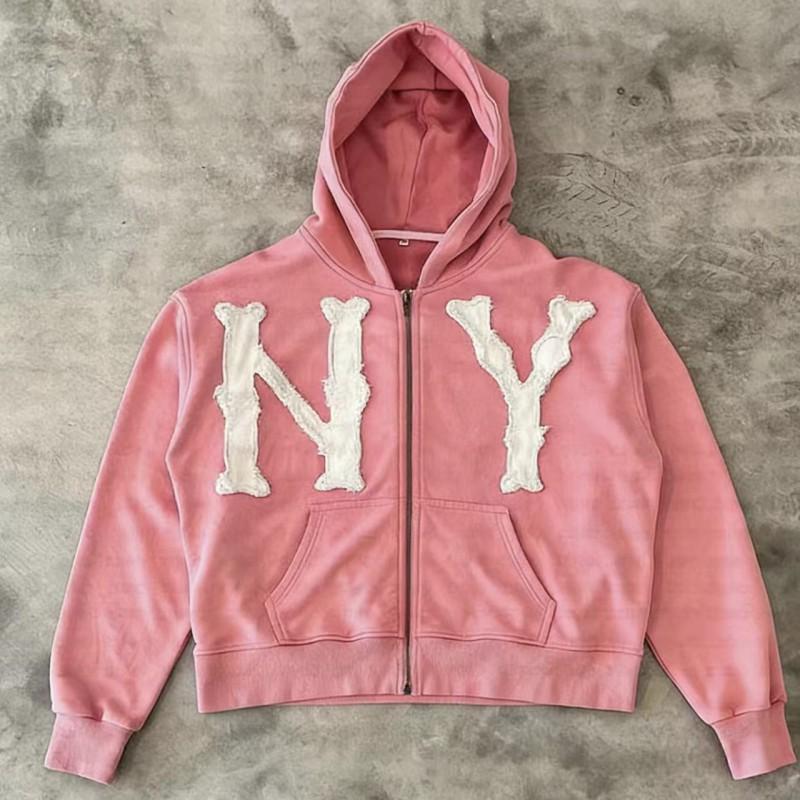 Mens Hooded Zip-Up Sweatshirt With Embroidered NY - Loose Fit Casual Pullover Fall