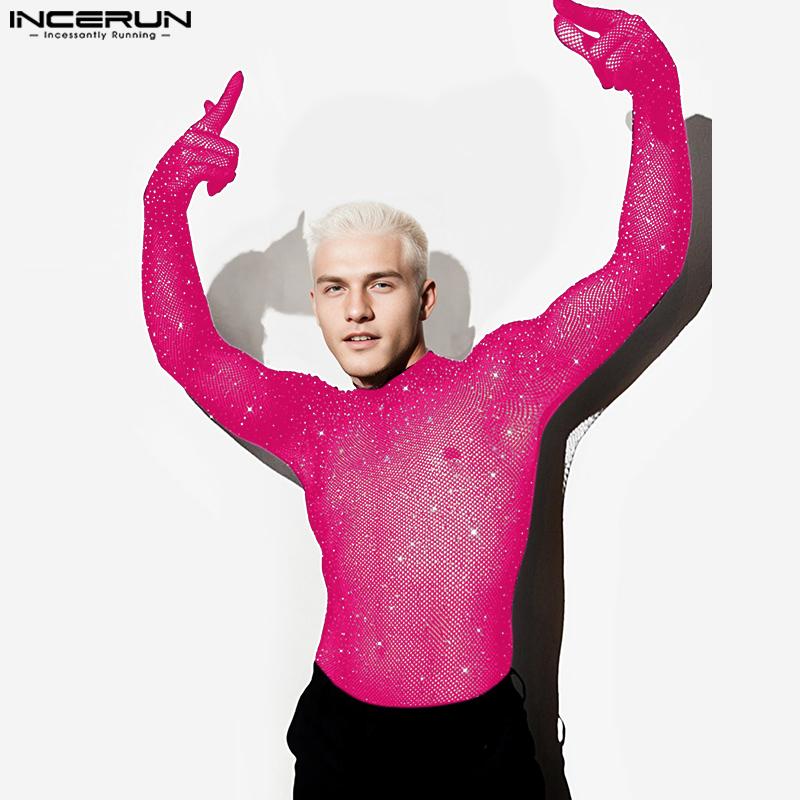 INCERUN Men Mockneck Long Sleeve Mesh Sheer Gloves Tops Slim Glitter Undershirts