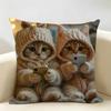Cute Cat Holding Phone Cushion Cover Natural Linen Organic Fabric DoubleSided Printing Room Sofa Decor Pillow Case