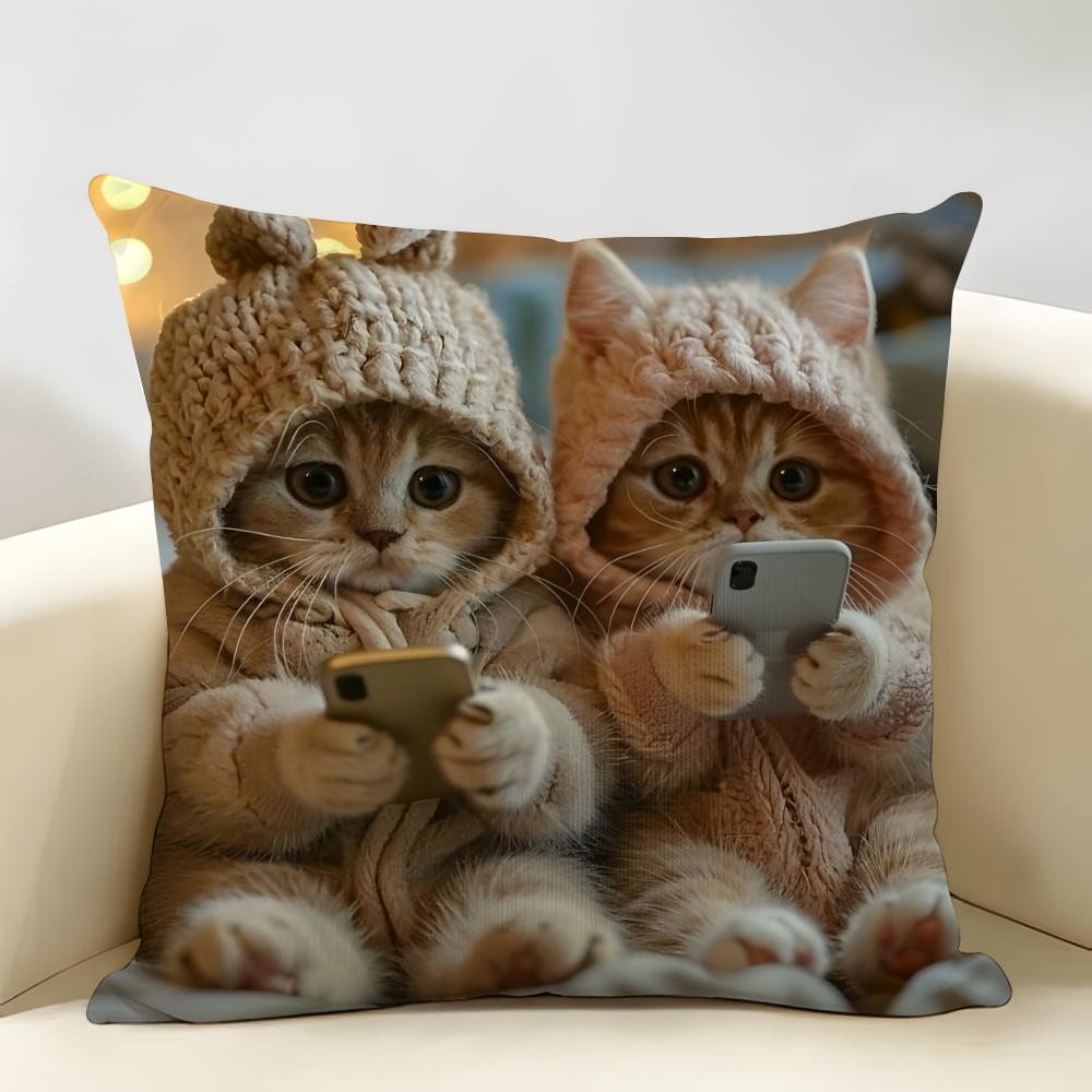 Cute Cat Holding Phone Cushion Cover Natural Linen Organic Fabric DoubleSided Printing Room Sofa Decor Pillow Case