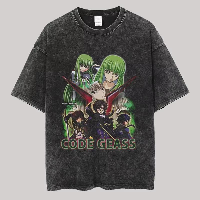 Vintage Gewaschenes Code Geass Anime Grafik T-Shirt Unisex Lässige Streetwear Kurzarm Baumwoll-T-Shirts Mehrere Print-Oberteile