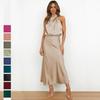 Women Summer Evening Dress Sleeveless Elegant Halter A-Line High Waist Long Dresses Solid Color