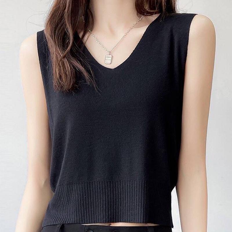 French Solid Color V-Neck Sleeveless Simple Casual Knitted Vest For Women