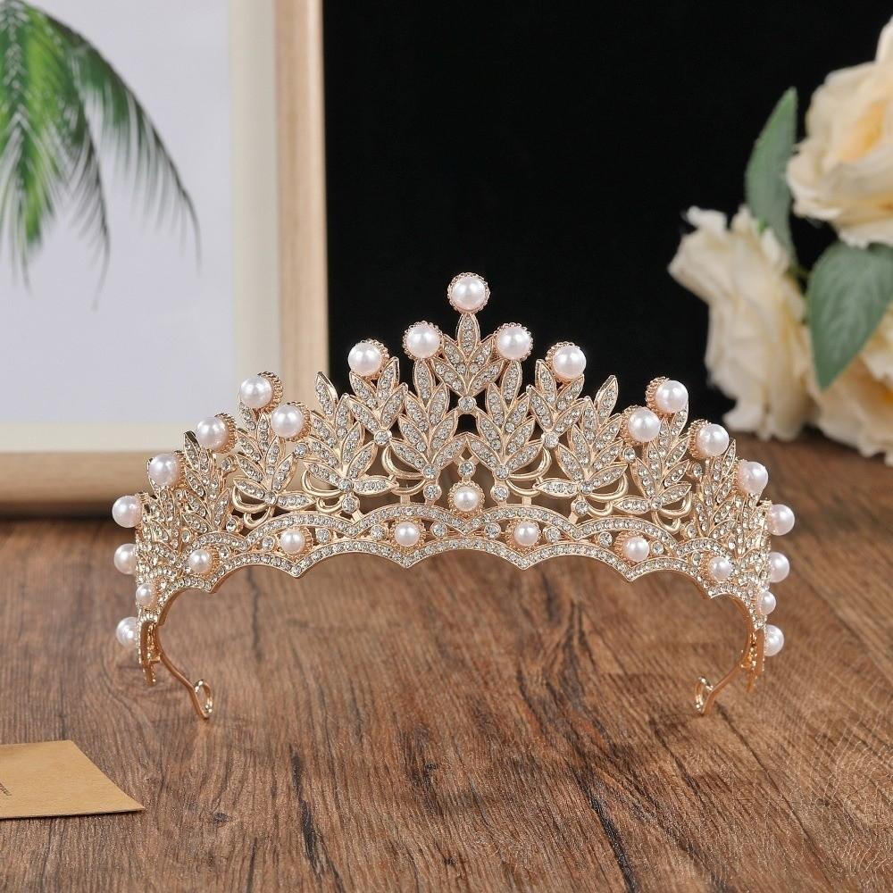 Gold Bride Crown Fairy Pearl Tiaras Temperament Rhinestone Tiara  Princess