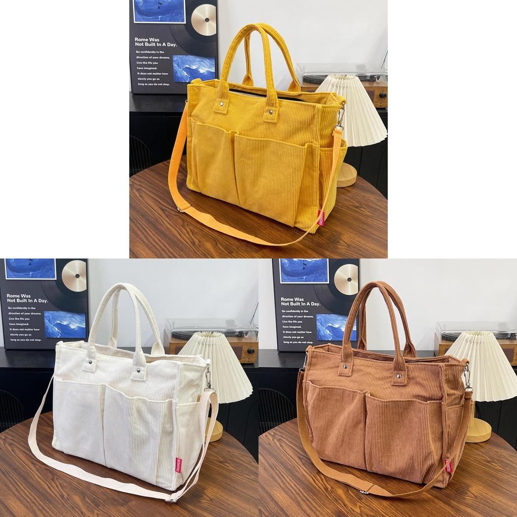 Corduroy Shoulder Tote Bag For Women Large Capacity With Zipper Closure For Daily Use