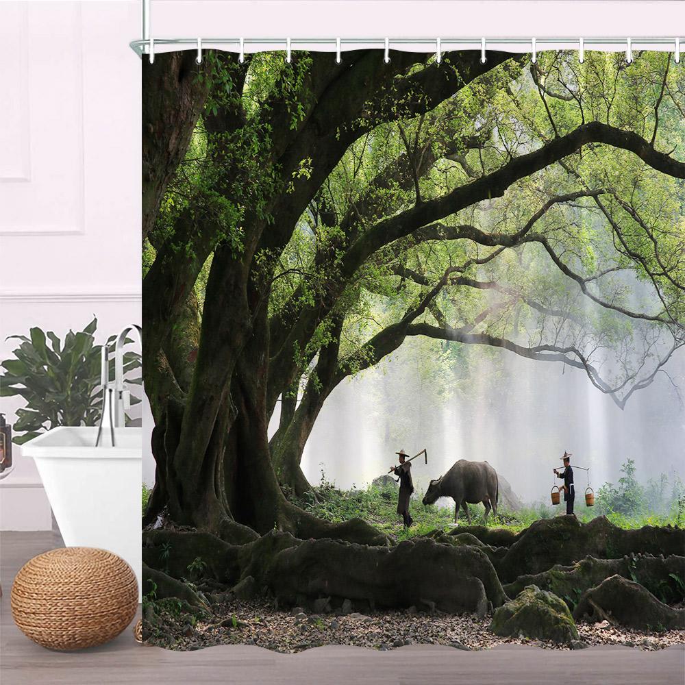 Forest Landscape Shower Curtains Green Tropical Plant Palm Tree Flower Leaves Garden Natural Scenery Bathroom Decor Bath Curtain