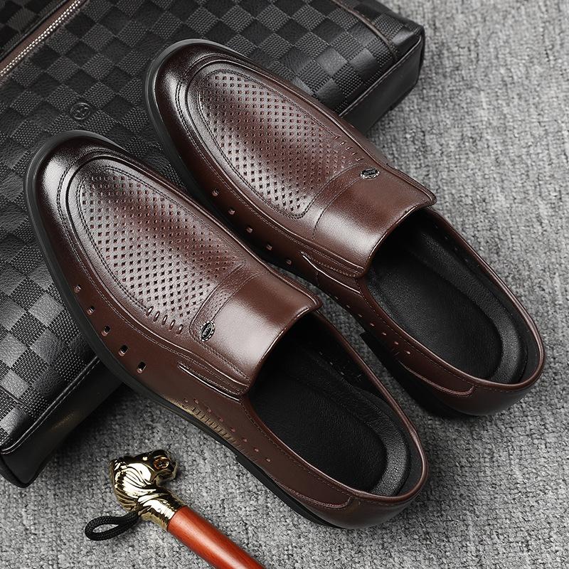 Leather shoes men's summer cowhide hollow holes men's business sandals casual shoes medium old dad shoes