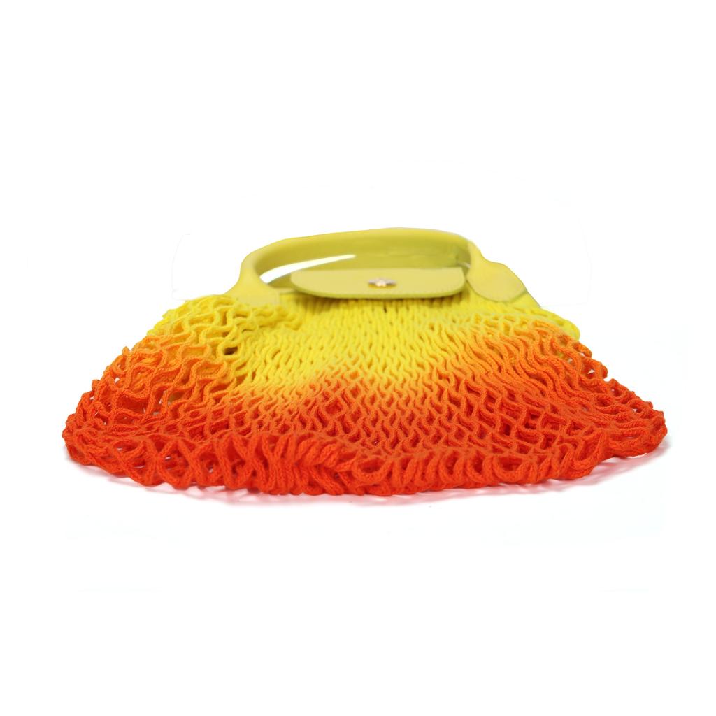 Longchamp Le Pliage Filet 38 Short Handle Woven Cotton And Leather Trim Tote Bag Women Tote Bags Yellow Lemon-Yellow 10121HCBH85