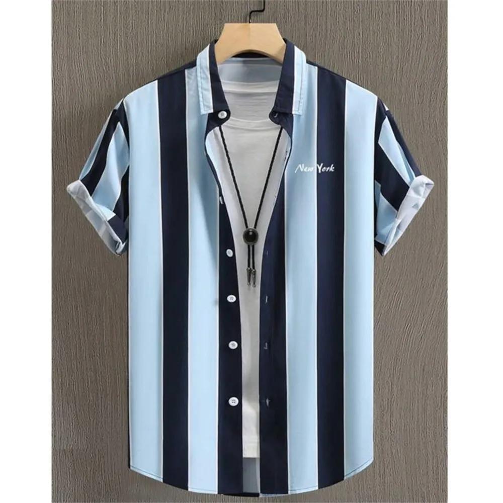 New Summer Men Clothes Short Sleeve Stripe Shirt Tops Men Casual Beach Shirt Tops