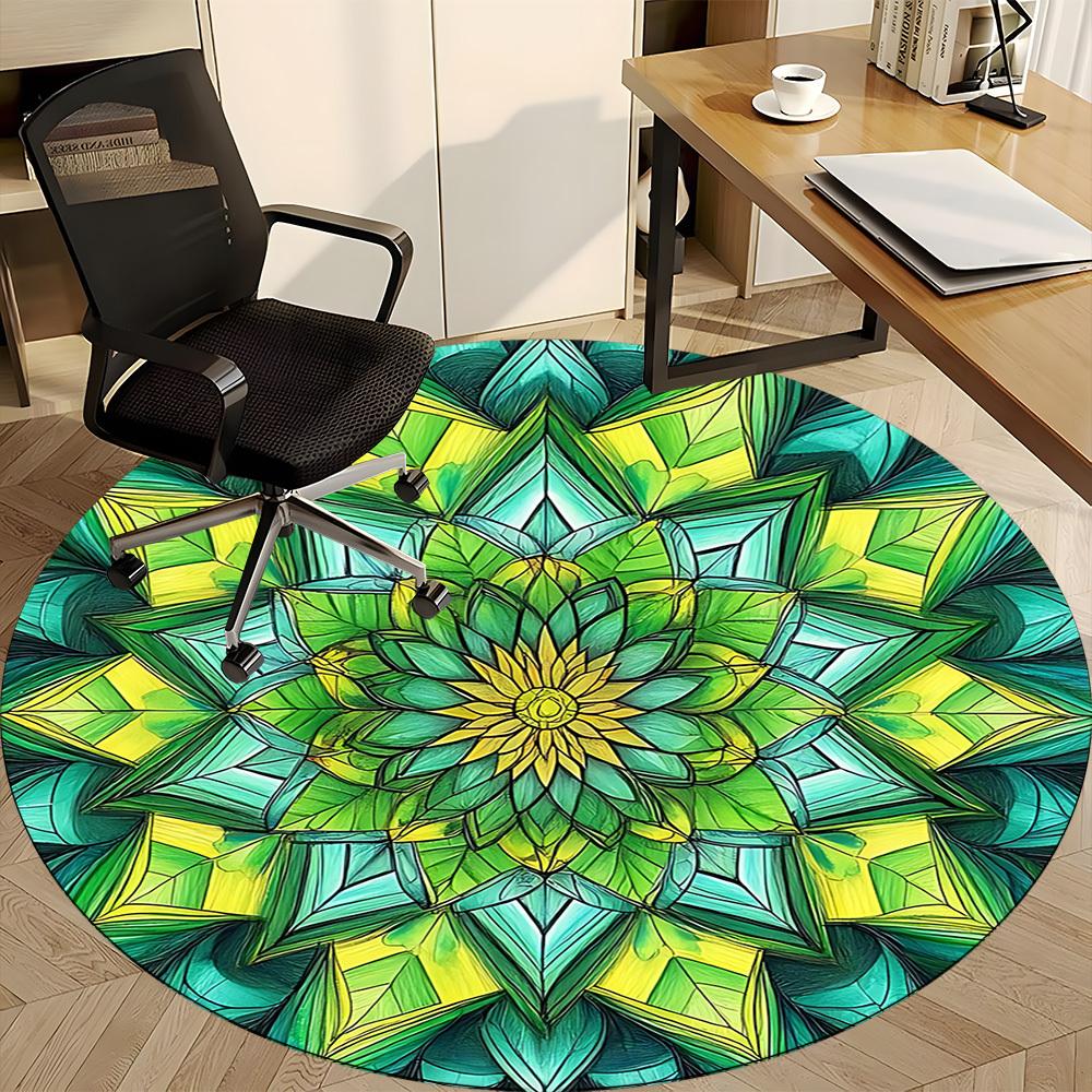 1PC Green Mandala Pattern Office Round Rug, Non slip, Soft and Durable Office Rug for Interior Decoration, Perfect for Office