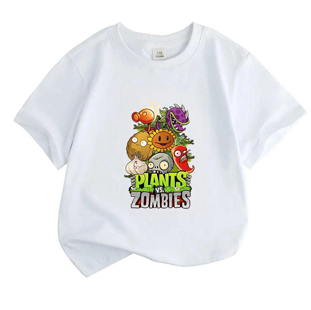 Kids Boys Girls 100% Cotton Crew Neck Short Sleeve T-Shirt, Cute Plants vs Zombies Cartoon Printed Casual Soft Breathable Summer Tee for Daily Wear