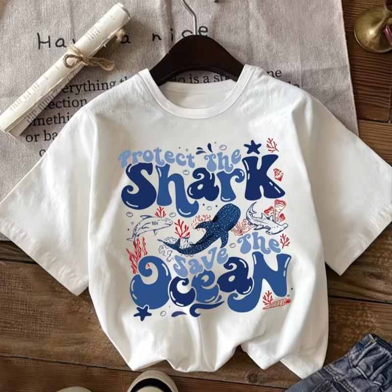 Kids Crewneck T-Shirt, Sharks Save The Ocean Shark Coral Print Soft Comfort Short Sleeve Trendy Tee