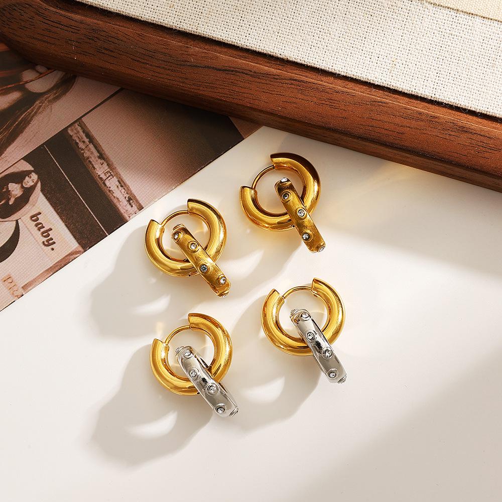 Women's Two-Tone Zirconia Double Circle Stud Earrings, Stainless and Titanium Steel, 18K Gold Plated, Waterproof