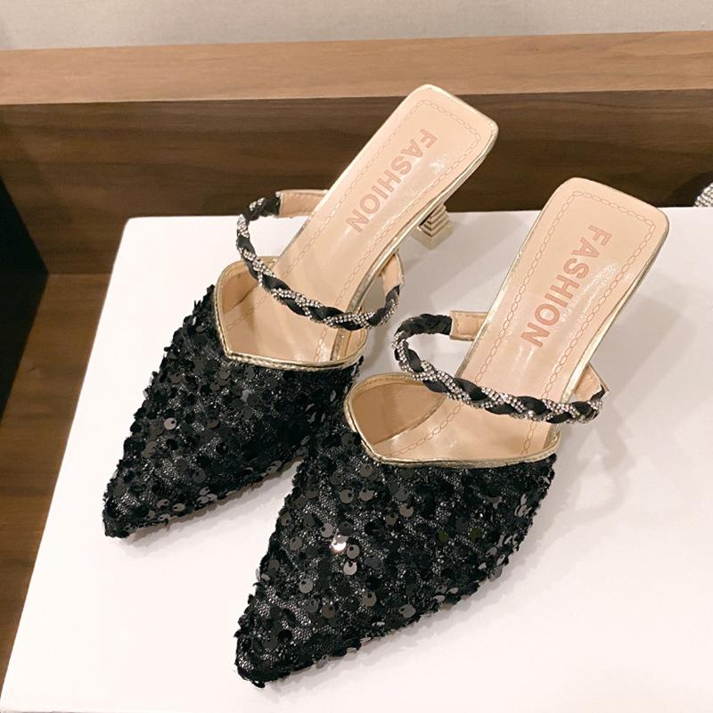 

Туфли на высоком каблуке с сумкой на носке, сандалии-полушлепки для женщин, новая летняя женская обувь, бант, острый носок, тонкий каблук, крутые шлепанцы для женщин 35