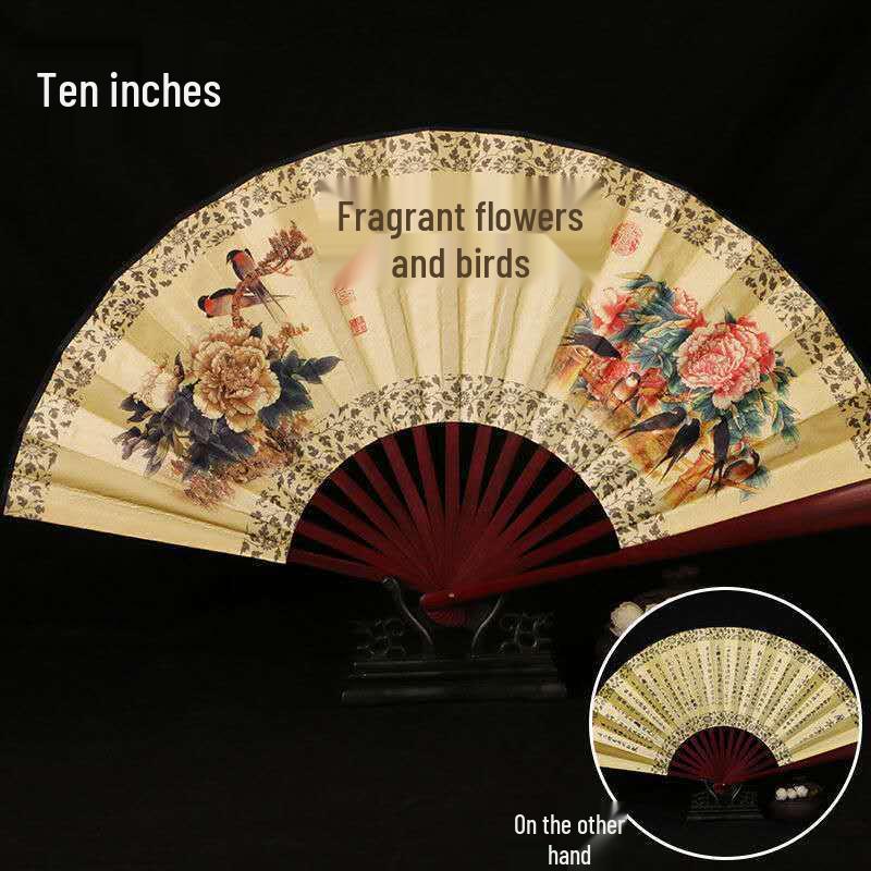 Traditional Chinese Silk Bamboo Folding Fan with Ink Landscape