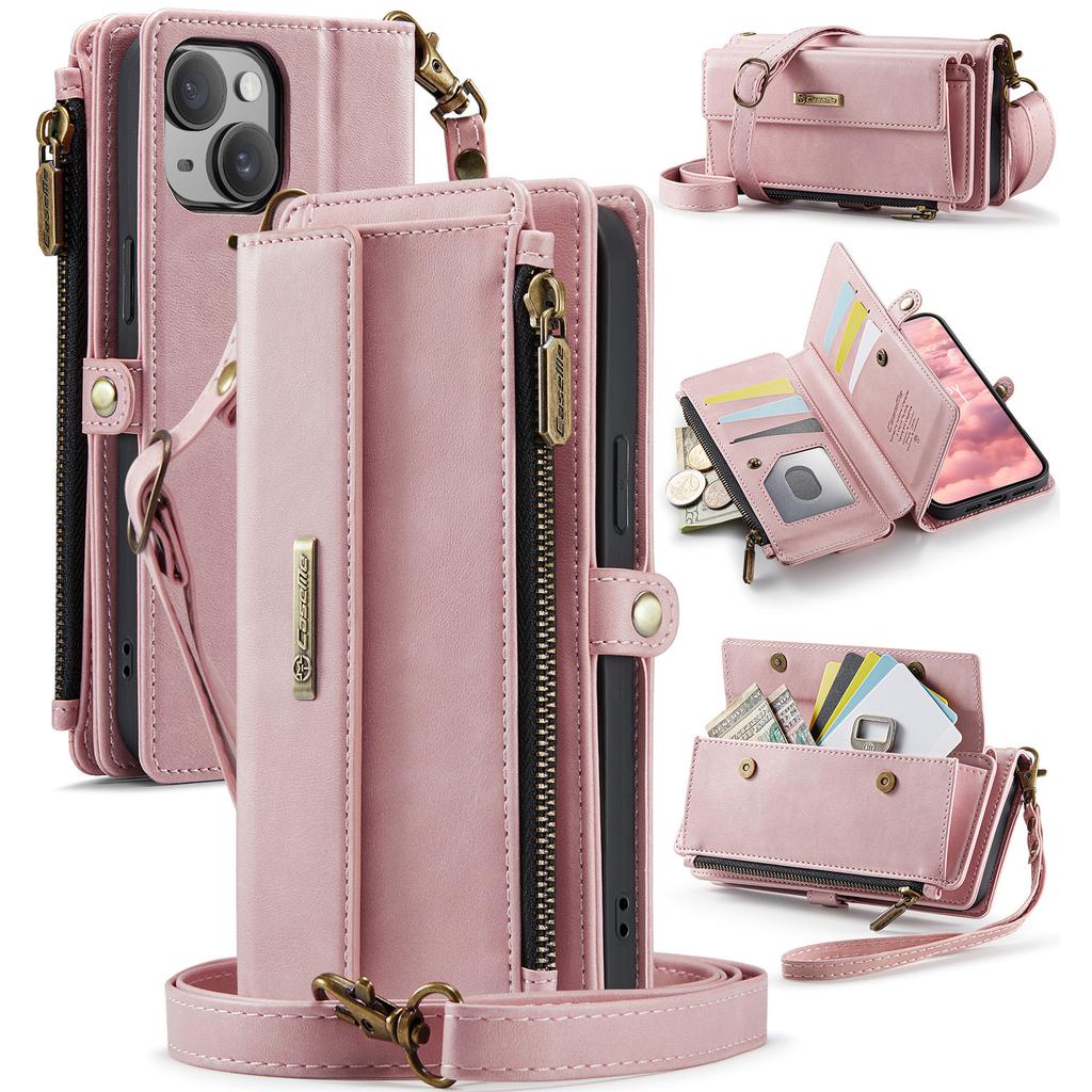 For iPhone 15 Case CASEME C39 RFID Blocking Zipper Wallet Stand Leather Cover with Strap