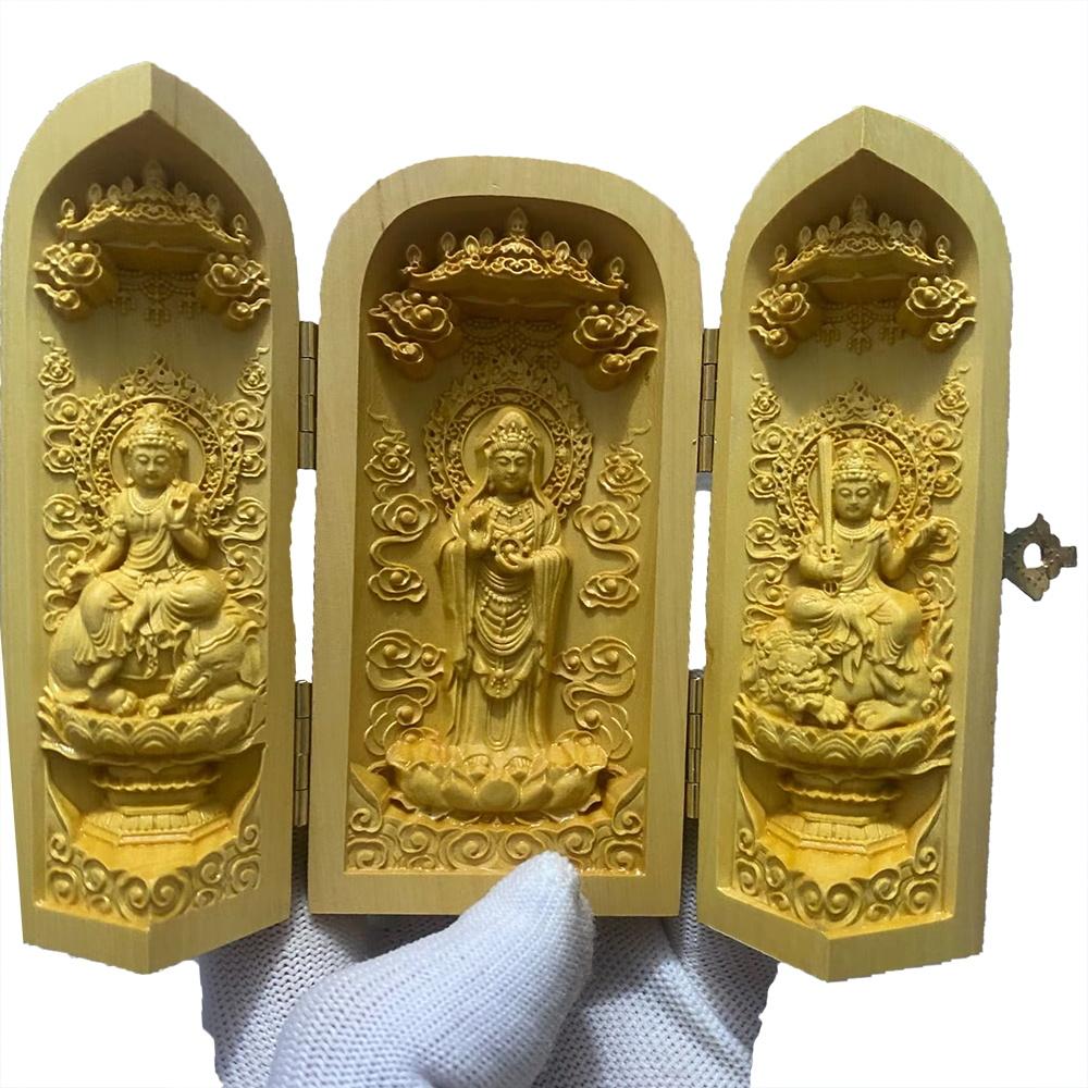 Dřevořezba Bůh bohatství Guanyin sochy a figurka Skládací přenosný Domov Místnost Kancelář Bohatství Štěstí Feng Shui Dekor