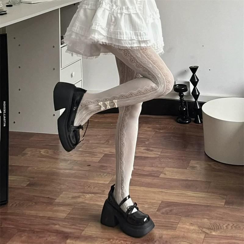 Lolita Lace Love Pattern Stockings Women's Summer Thin Japanese Pure Desire Cute Bow Mesh Pantyhose
