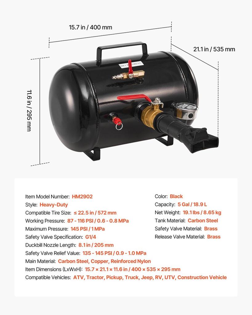 Air Tire Bead Seater, 5 Gal / 18.9 L, Heavy Duty Tire Bead Blaster Tool, 87-116 PSI Operating Pressure, Air Trigger Seating Inflator for Pickup,