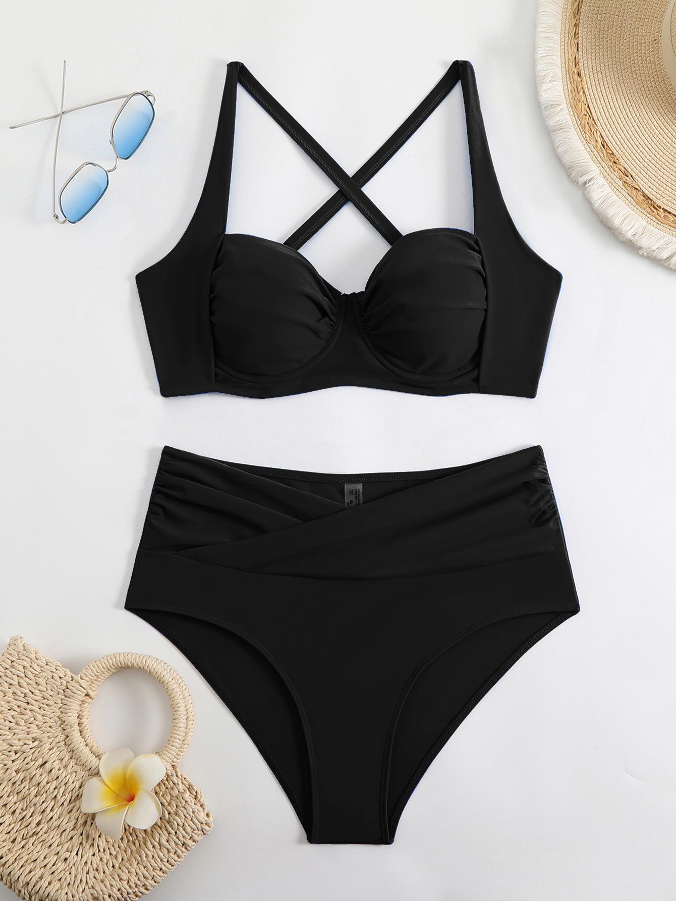 European and American sexy hard cup solid color high waist swimsuit bikini bikini TEMU foreign trade S чёрный