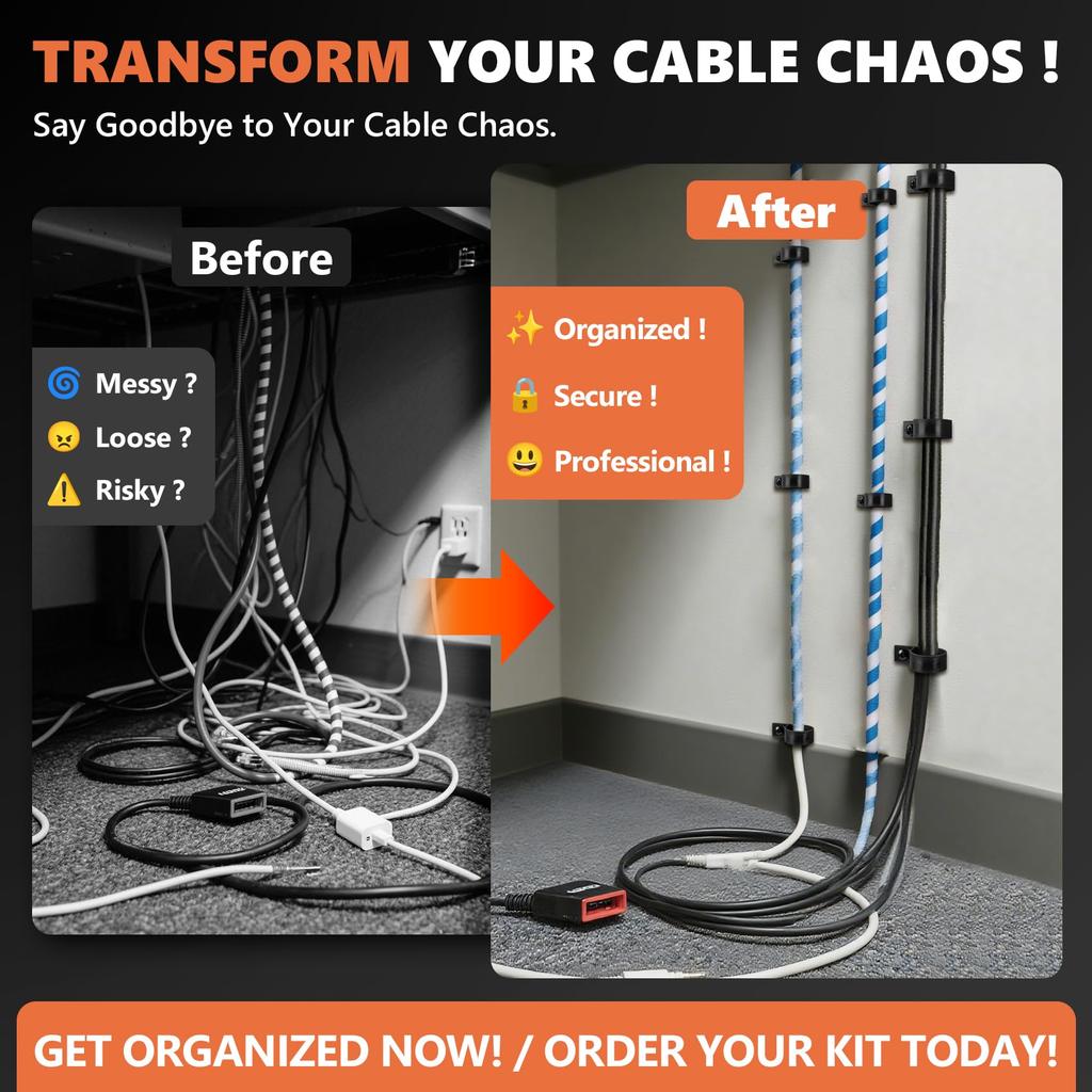 320PCS Black R Cable Clips-6 Sizes Premium PA66 Nylon | High Temp Resistant |  Wire Management Clamps