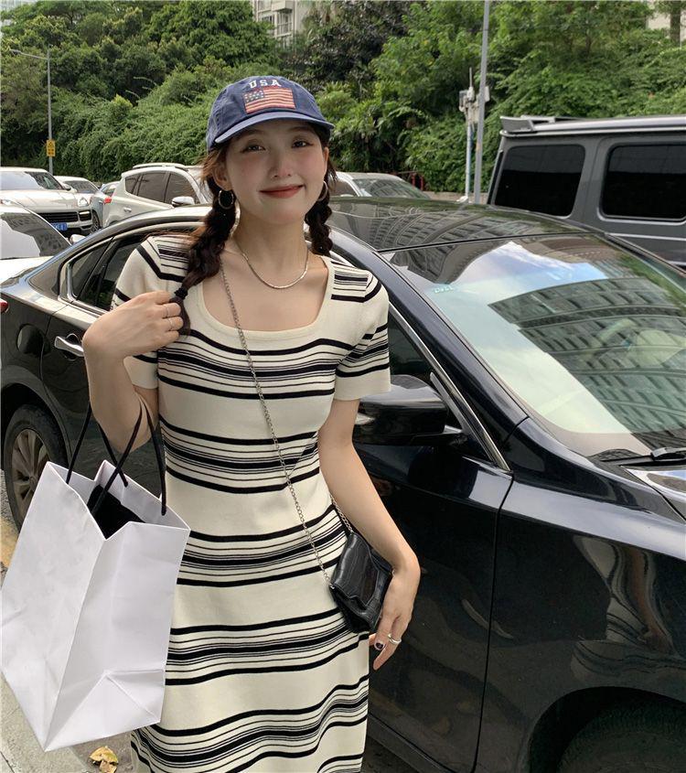 Striped Casual Knitted Dress - Women's Summer 2025, Loose Slimming Mid-Length, Short-Sleeve Lazy Style