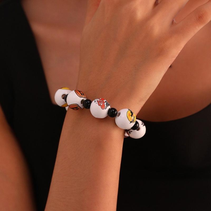 Skull Pumpkin Spiders Bead Bangle Simple Halloween Beaded Bracelet Wristband Adjustable Elastic Bangle Statement Jewelry